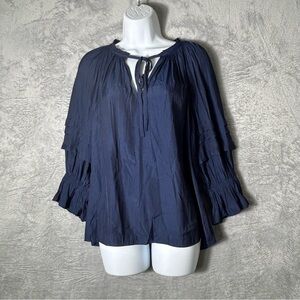 Ramy Brook Rhea Blouse Womens Large Blue Silky Tiered Puff Sleeves Keyhole Tie